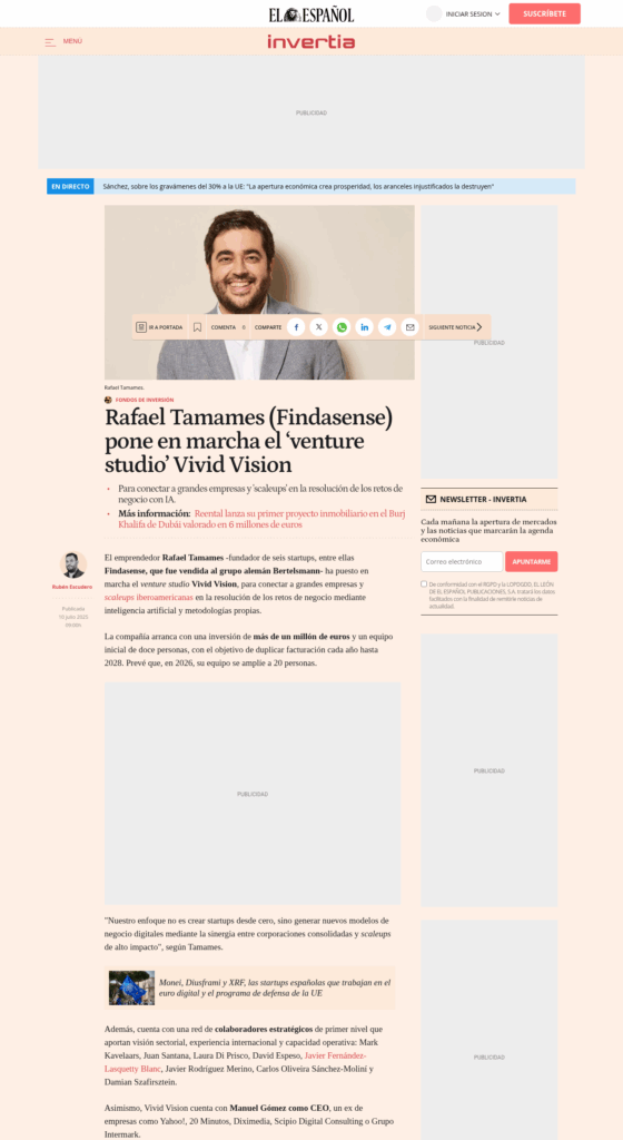 Rafael Tamames (Findasense) pone en marcha el ‘venture studio’ Vivid Vision